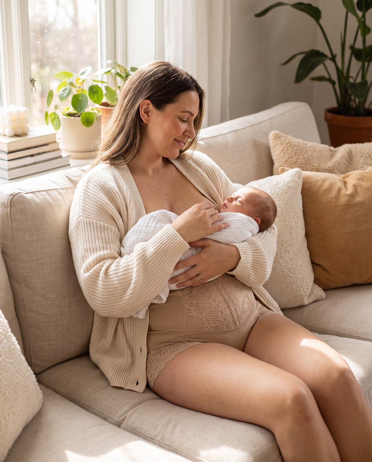 Maman assise sur un canapé avec son bébé, en culotte SoftHold