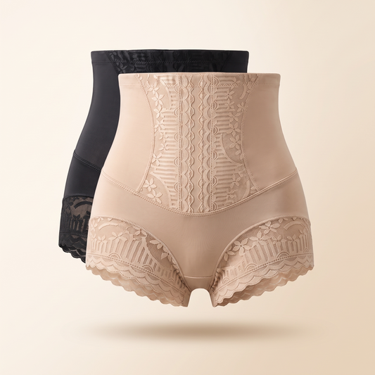La Culotte SoftHold Post-Césarienne en beige et noir, panneau de dentelle devant